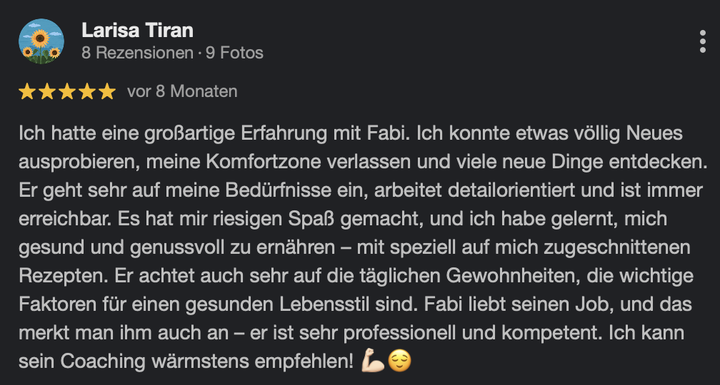 Google-Rezension mit fünf Sternen von Larisa Tiran: gesunde und genussvolle Ernährung mit individuell zugeschnittenen Rezepten.